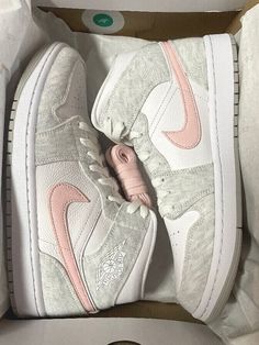 Womens Air Jordan 1 Mid, Air Jordan 1 Mid Womens, Jordan 1 Light Iron Ore, Light Iron Ore Jordan, Pink And Grey Jordans, Women’s Sneakers, Jordans For Women, Pink Jordans, Nike Shoes Air Force