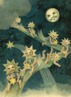 an old fashioned halloween card with stars and moon on the top, as if they were flying