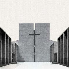 an empty church with a cross in the middle