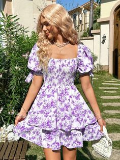 Purple Fitted Tiered Mini Dress, Fitted Purple Tiered Mini Dress, Purple Tiered Mini Dress For Summer, Purple Tiered Mini Dress For Spring, Square Neckline Dress, Short Sleeve Summer Dresses, Cute Dress Outfits, Neckline Dress, Summer Dress Outfits