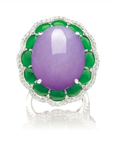 A Lavender Jadeite Cabochon, Jadeite and Diamond Ring 天然紫色翡翠配翡翠及鑽石戒指 Estimate. HK$190,000 - 250,000 , $24,000-32,000 No sale 28/05/18 Jadeite Jewelry, Jewel Design, Fun Jewelry, Big Rings, Colored Gems, Jade Jewelry, Gem Stones, Jewelry Tools