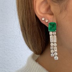 New in! Beautiful double drop earrings made from lab made square emeralds with round & princess cut cz diamonds Emerald Earrings, Cz Diamond, Sterling Earrings, Princess Cut, Pear Shaped, Sterling Silver Earrings, Ear Cuff, Emerald, Lab