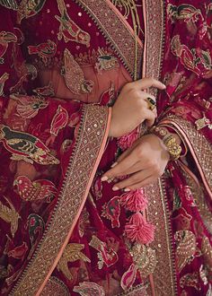 a close up of a person wearing a red and gold dress