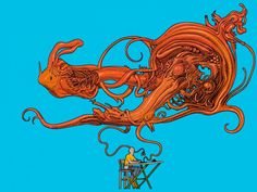 an illustration of a giant octopus attacking a man in a chair on a blue background