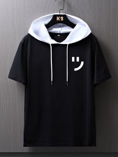 Black Casual  Short Sleeve Polyester Cartoon,Colorblock  Embellished Slight Stretch Summer Men Tops Cool Clothes Aesthetic Men, Short Sleeve Hoodie Men, Cool Hoodies For Men, Short Sleeve Hoodie Outfit Men, Cool T Shirts For Men, Black Fashion Men, Clothes For Guys, Mens Shirts Casual, Guy Clothes