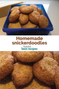 some food that is in a blue bowl on a table and the words homemade snickkerdoodles are above it