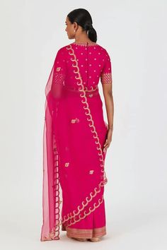 Fuchsia organza and silk saree with marodi and floral motifs embroidery. - Aza Fashions Pink Silk Pre-draped Saree With Dori Work, Pink Saree With Dori Work For Reception, Pink Pre-draped Saree With Gota Work, Pink Pre-draped Tissue Silk Saree With Gota Work, Pink Tissue Silk Pre-draped Saree With Gota Work, Pink Pre-draped Saree In Tissue Silk With Dori Work, Pink Blouse Piece In Tissue Silk With Gota Work, Pink Organza Saree With Gota Work, Pink Pre-draped Saree With Dori Work For Diwali