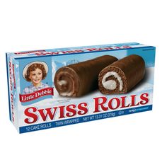 a box of swiss rolls with chocolate frosting