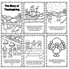 the story of thanksgiving coloring pages with pictures and words to color on it, including an image