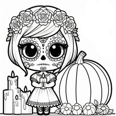 a girl with sugar skulls and roses on her head is standing next to a pumpkin