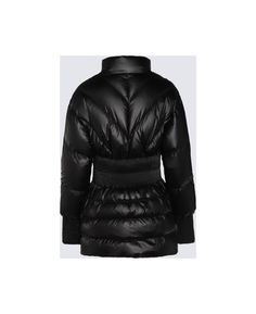 Fitted Black Nylon Outerwear, Fitted Black Long Sleeve Puffer Jacket, Black Fitted Long Sleeve Puffer Jacket, Luxury Solid Outerwear For Fall, Designer Black Puffer Outerwear, Black Polyamide Outerwear For Fall, Luxury Black Blazer For Winter, Elegant Long Sleeve Puffer Jacket, Luxury Black Winter Blazer