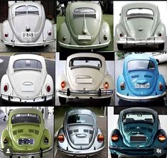 many different colored vw bug cars parked side by side