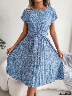 Olivia Mark - Floral Swing Skirt with Casual Short Sleeves A Line Long Dress, Moda Floral, Mid Length Skirts, Polyester Dress, Vestido Casual, Women Long Dresses, Medan, Tie Dress, Types Of Dresses