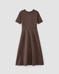 The Dream Short-Sleeve Dress Earth Brown – Everlane Chic A-line Midi Dress With Flattering Cut, Classic Midi Dress With Fitted Bodice And A-line Silhouette, Elegant Seamed Dresses For Workwear, Fit And Flare A-line Midi Dress For Work, Flattering Fitted A-line Dresses, Classic Fitted Bodice A-line Midi Dress, Elegant Seamed Workwear Dresses, Classic Fit And Flare A-line Dress, Workwear A-line Maxi Dress With Fitted Bodice