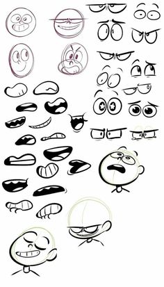 an image of cartoon faces drawn in pencil on white paper with different expressions and shapes