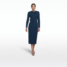 Navy Long Sleeve Midi Dress For Formal Occasions, Elegant Navy Midi Dress For Evening, Elegant Fitted Blue Long Sleeve Dress, Elegant Blue Belted Dress, Blue Fitted Midi-length Belted Dress, Evening Midi-length Dress With Pleated Sleeves, Blue Fitted Midi Belted Dress, Blue Fitted Midi Length Belted Dress, Semi-formal Fitted Dress With Pleated Sleeves