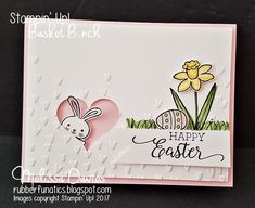 a close up of a greeting card with an easter bunny and daffodils