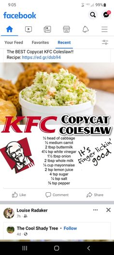 the facebook page for kfc copycat coleslaw