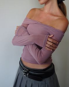 Wisteria Purple Bardot Top | Nauri – motelrocks.com Purple Tops Aesthetic, Purple Dresses Casual, Purple Long Sleeve Top For Day Out, Purple And Grey Outfit, Purple Off Shoulder Top, Balletcore Top, Sheer Purple Top, Purple Fitted Sheer Top, Purple Knit Long Sleeve Top