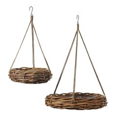 two hanging baskets made out of twigs