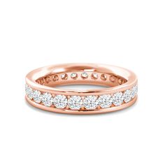 a rose gold wedding band with round diamonds