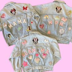 Introducing the most perfect adult woman's personalized denim jackets! Perfect for matching with your mini, for any vacation, or just to pamper yourself :) My jackets come with the name and 5 patches, to add any extra patches will be an extra $5 per patch. To add rhinestones to the jacket will be an extra $12. *Go to my other listings to add patches/rhinestones* Please include in the personalization box ~ name how it is to be spelled on the jacket, 5 patches, and anything else you think I need t Disney Jacket · Zara ·, Disney Denim Jacket Patches, Trendy Customizable Long Sleeve Denim Jacket, Customizable Cute Denim Jacket, Customizable Cute Cotton Outerwear, Cute Customizable Cotton Outerwear, Customizable Trendy Denim Jacket For Spring, Trendy Customizable Spring Denim Jacket, Disney Denim Jacket