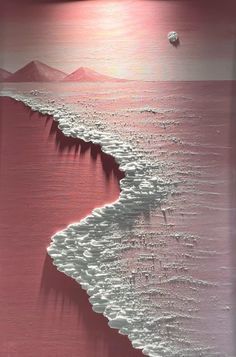 an abstract painting of the ocean and mountains