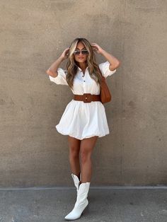 cream Preppy Dress With Cowboy Boots, Nashville Outfits White Boots, Fathers Day Outfits Women, Dallas Outfits, Y’all White Cowboy Boots Outfit, Country Western Mini Dresses, Western White Sweater Dress, White Cowboy Boots Outfit, Booties Outfit Fall