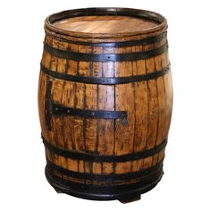 an old wooden barrel with metal straps on the bottom and sides, isolated against a white background