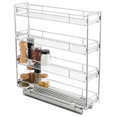 three tiered spice rack with spices and condiments on the bottom shelf for storage