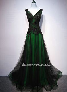 Chaming Black and Green Tulle V-neckline Long Party Dress, Beautiful V – BeautyDressy Long Party Gowns, Prom Dress Pictures, Green Wedding Dresses, Long Party Dress, Tulle Party Dress, Green Tulle, Senior Prom Dresses, Beaded Tulle, Lace Formal Dress