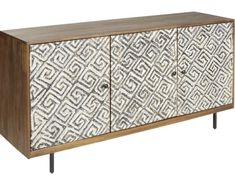 a white and brown sideboard with black metal legs on an isolated white background, designed in the style of mazes