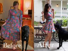 before and after photos of a woman's dress with her dog standing next to her