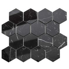 black marble hexagonal tiles with white veining