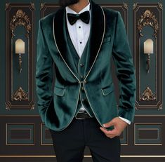 4 Piece Mens Slim Fit Green & Gold Velvet Tuxedo Shawl Lapel | Weddings and special Occasions Tuxedo Superior Quality Package includes  Jacket, Vest, Pants, bowtie, tuxedo shirt. Shipped in large box to preserve the shape  Top quality guaranteed Fitted Green Tuxedo For Wedding, Elegant Green Tuxedo For Formal Occasions, Green Luxury Tuxedo For Formal Occasions, Elegant Wedding Tuxedo With Custom Fit, Luxury Tuxedo For Ceremonies, Elegant Green Tuxedo For Parties, Elegant Festive Tuxedo For Ceremonies, Luxury Green Suit For Wedding, Elegant Gold Tuxedo For Wedding