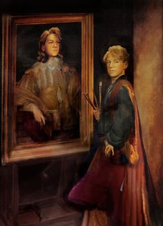 a painting of two people standing in front of a mirror