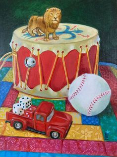 a painting of a drum, ball and toy truck on a colorful blanket with a lion