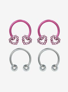 Silver-toned curved barbell set with CZ gem beads  paired with a steel pink curved barbell set with rhinestone heart ends.Jewelry care: Wash with antibacterial soap and warm water.Piercing care: Wash hands thoroughly  then clean piercing with H2Ocean (sold separately) or saline solution.316L surgical steel - may contain some nickel; brass1mm - 3mm gem stonesSet of 4Use in healed piercings only. Remove immediately if irritation occurs.Do not use harsh or alcohol-based chemicals to Eyebrow Jewelry Piercings, Cleaning Piercings, Piercing Care, Lip Piercing Jewelry, Septum Piercing Jewelry, Eyebrow Jewelry, Barbell Set, Gem Beads, Saline Solution