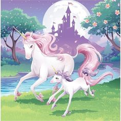 two unicorns are running in the grass near a river and castle with a full moon behind them