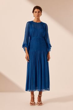 Maya Ruched Panelled Midi Dress | Strong Blue | Dresses | Shona Joy Blue Garden Party Dress, Blue Printed Dress, Mog Dresses, Round Balloons, Garden Party Dress, Shona Joy, Cocktail Attire, Maxi Dress Online, Sheer Chiffon