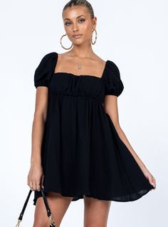 Mini dress 100% cotton Length of size US 4 / AU 8 shoulder to hem: 75cm / 29.5" Alexis is wearing a size US 2 / AU 6 Muslin look material Elasticated shoulders Short puff sleeves Padded cups Tie back fastening Low back Good stretch Lined bust All Black Dresses, Brunch Dress, Let's Dance, Casual Rompers, Mini Dress Black, Romper Outfit, Puff Sleeve Dresses, Hoco Dresses, Casual Tank Tops