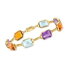 Ross-Simons - C. 1970 Vintage 40.00ct t. w. Multi-Gemstone Link Bracelet. 7.5". C. 1970. From our Estate collection, this luxurious link bracelet alternates vibrant jewels of ample shape and size. The candy colors of 40.00 ct. tot. gem wt. emerald-cut amethyst, citrine and aquamarine complement each other perfectly in polished 14kt yellow gold. Figure 8 safety. Box clasp, multi-gemstone link bracelet. Exclusive, one-of-a-kind Estate Jewelry. Multicolor Faceted Jewelry For Formal Occasions, Jewelry Presentation, Safety Box, Gold C, Figure 8, Box Clasp, Aquamarine Stone, Amethyst Stone, Bracelets And Charms