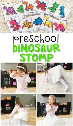 a collage of photos showing how to use dinosaur stomps for preschool learning