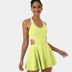 Nwt!!! Size: Small Color: Tender Yellow Green Features: Built In Shorts And Removable Bra Padding Never Worn - In Perfect Brand New Condition. Comes From A Smoke Free Home. Perfect For Exercising, Lounging, Anything! Slip Dress Beach, Workout Dress, Disney 2024, Workout Fits, Dress Halter, Workout Sets, Dress Beach, Mini Dresses For Women, Athleisure Outfits