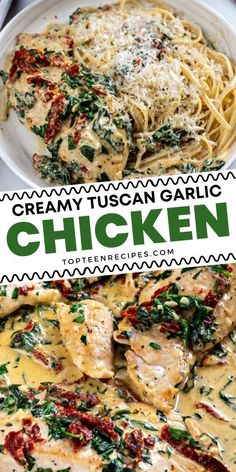 creamy tuscanan garlic chicken with spinach and sun dried tomatoes is an easy weeknight dinner