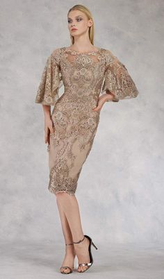 Janique - W2068 Quarter Tulip Sleeves Lace Appliqued Sheath Dress In Neutral