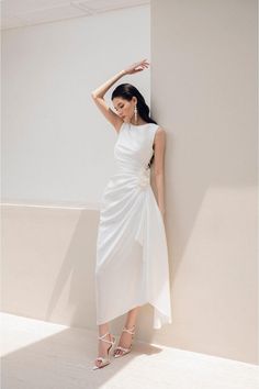 Kaytlyn Gathered Sleeveless Silk Satin Midi Dress | MEAN BLVD Satin Dress Outfit, Midi Dress Outfit, Sophisticated Fashion, Mean Blvd, White Evening Dress, Elegant Dresses Classy, Evening Dresses For Weddings, Engagement Dresses, Classy Dress Outfits