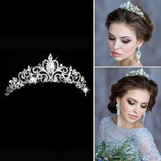 WEDDING CROWN AND TIARA Wedding crowns and tiaras are 360 degrees of extreme glamour - Royalty Style! It's extremely luxurious looking and beautifully accents virtually any wedding hairstyle. The sparkle factor is AMAZING!!!! The pictures definitely don't do it justice! An instant heirloom piece with classic romantic style and elegance... fit for a Queen! There are 2 loops inside the band of the crown for pinning it securely into your tresses. Suitable for bride or bridesmaid to wear in the wedd Diamond White Wedding Dress, Crown And Tiara, Wedding Tiara Headband, Hair Accessories Silver, Wedding Crown Tiara, Bride Crown, Bridal Hair Headpiece, Crystal Hair Accessories, Bride Tiara