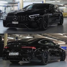 two different views of a black car in a parking garage, one showing the front and side view