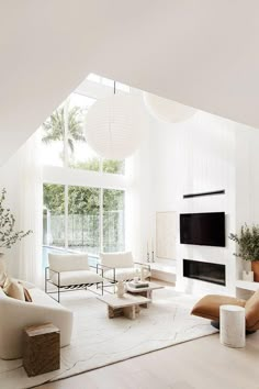 a living room filled with furniture and a flat screen tv on top of a wall